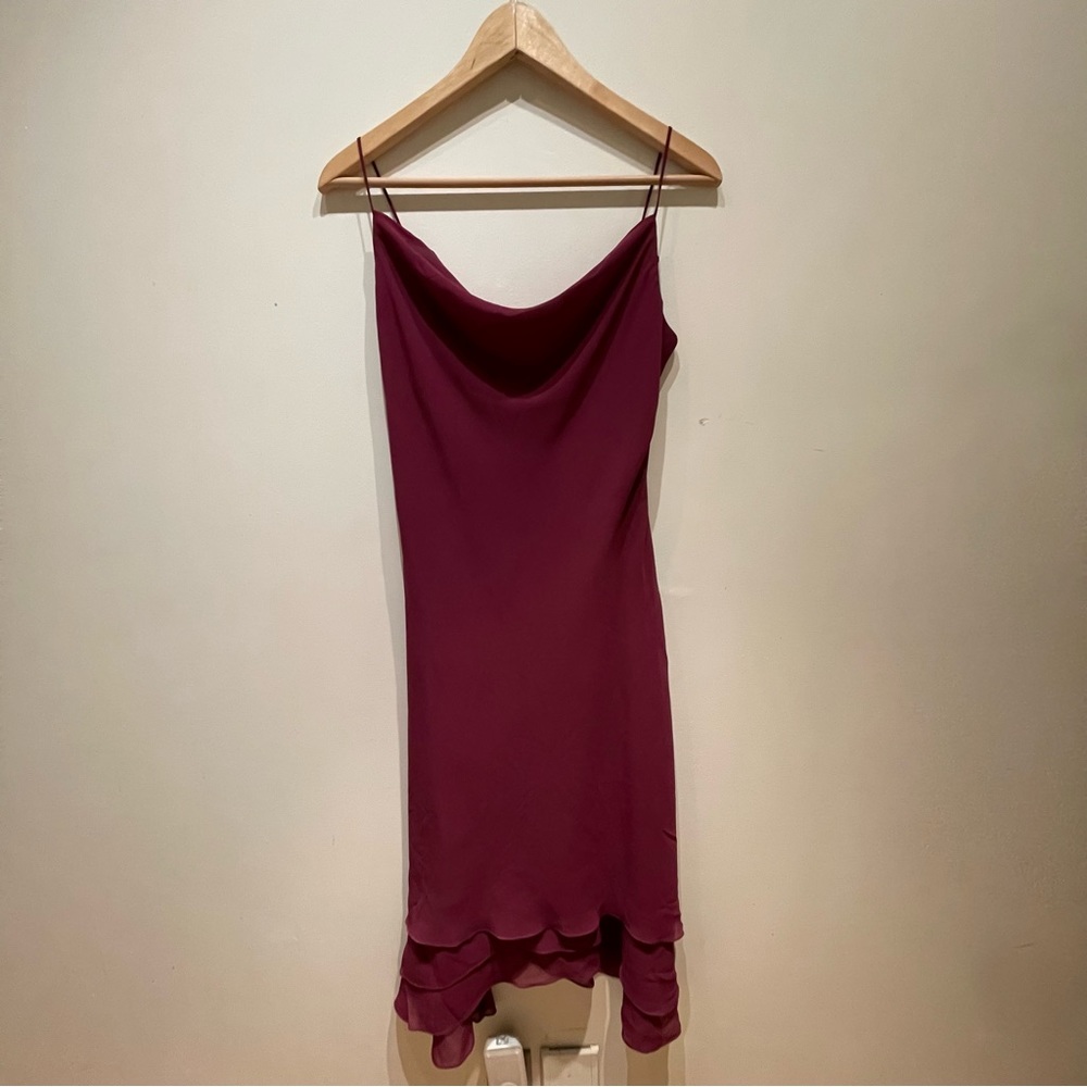 90s Asymmetrical Burgundy Slip Dress with Cowl Neck